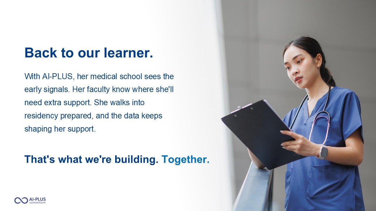 AI-PLUS closing slide titled 'Back to our learner,' with a photograph of a clinician reviewing a clipboard and the line 'That's what we're building. Together.'