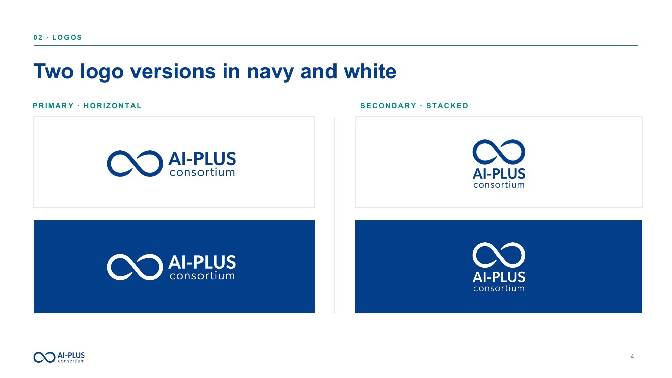Brand guidelines page showing the AI-PLUS infinity logo in primary horizontal and stacked versions, in navy on white and white on navy.