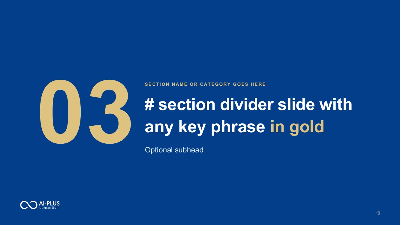 PowerPoint template section divider slide with a large numeral 03 and editable placeholder text on the AI-PLUS gradient.