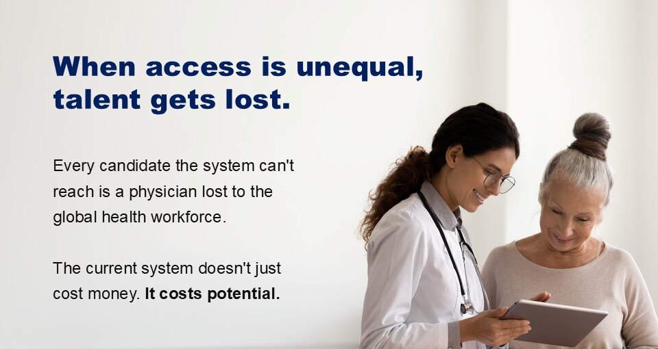 Pitch slide titled 'When access is unequal, talent gets lost,' with a photograph of a clinician and an older woman reviewing information on a tablet.