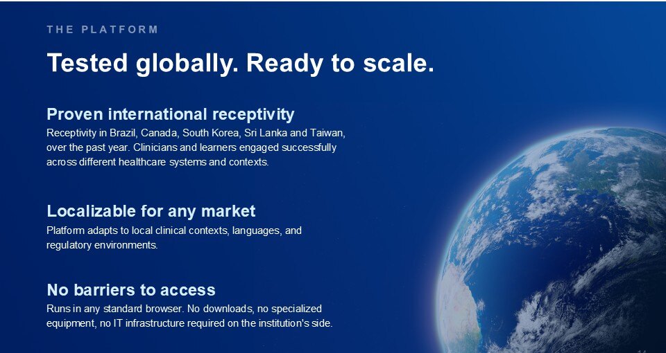 Pitch slide titled 'Tested globally. Ready to scale,' with a dark photograph of Earth and three supporting points.