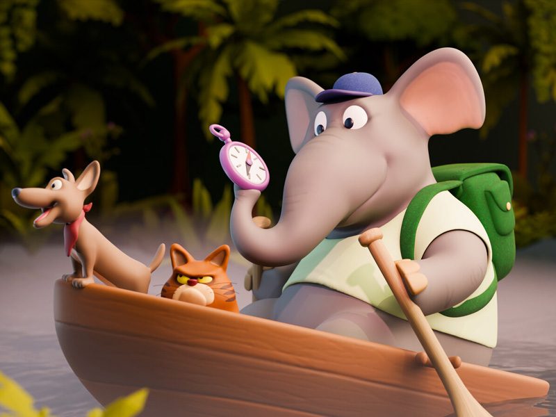 3D-rendered elephant in a blue cap checking a compass from a canoe, a thrilled dog and an unimpressed cat aboard.