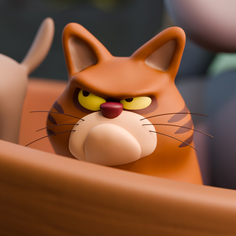 Tight close-up of the orange tabby cat from a low angle, narrowed yellow eyes and a small pink nose dominating the frame.