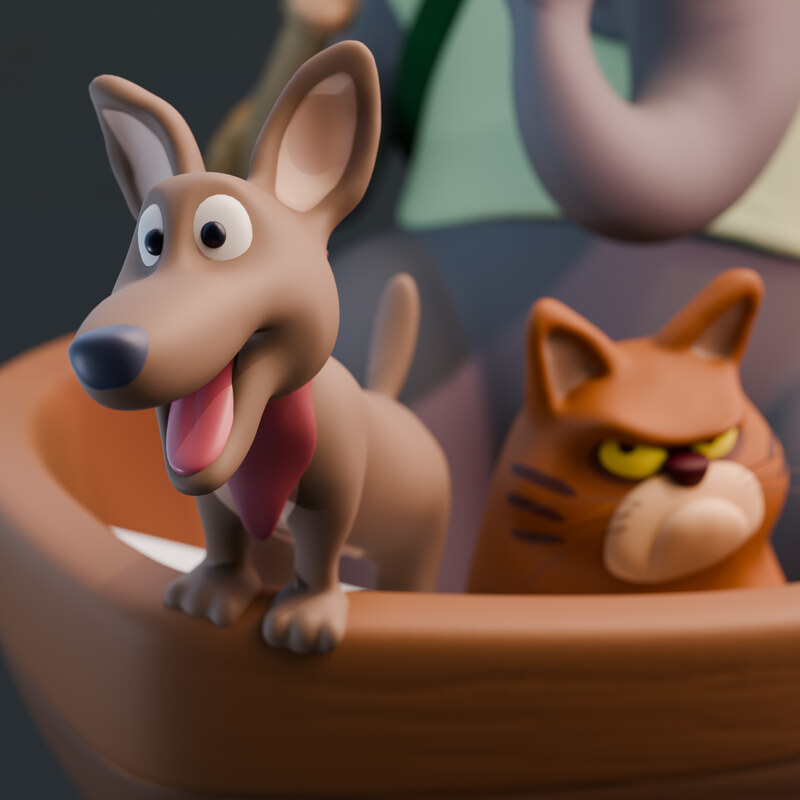 Close-up of the dog and cat together inside the canoe. The dog has its tongue out and the cat scowls beside it.