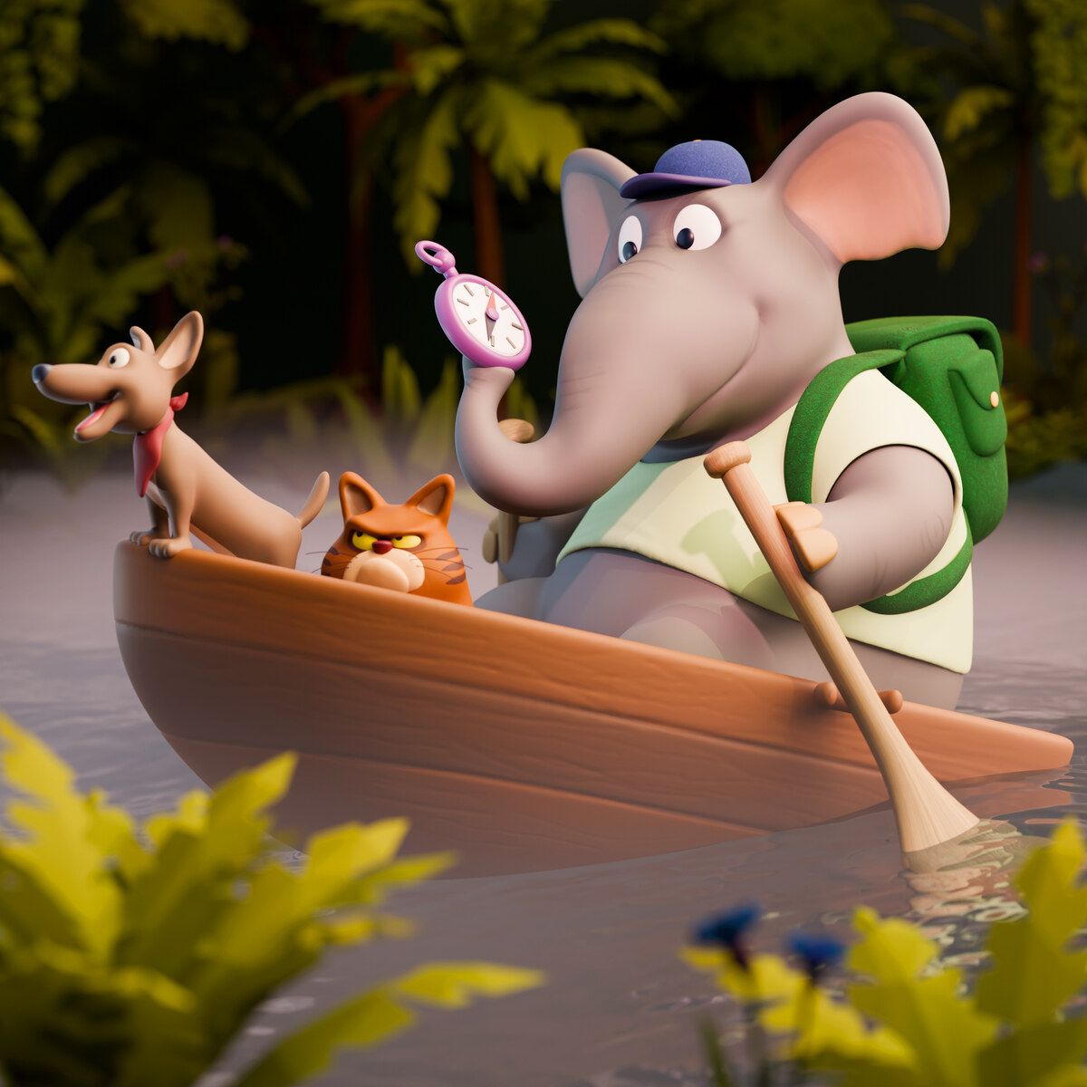3D-rendered scene of an elephant in a pith helmet paddling a wooden canoe through a jungle river. The elephant holds a compass; a small brown dog wearing a red bandana stands on the bow; an orange tabby cat sits between them with an unimpressed expression. Tropical plants frame the scene.