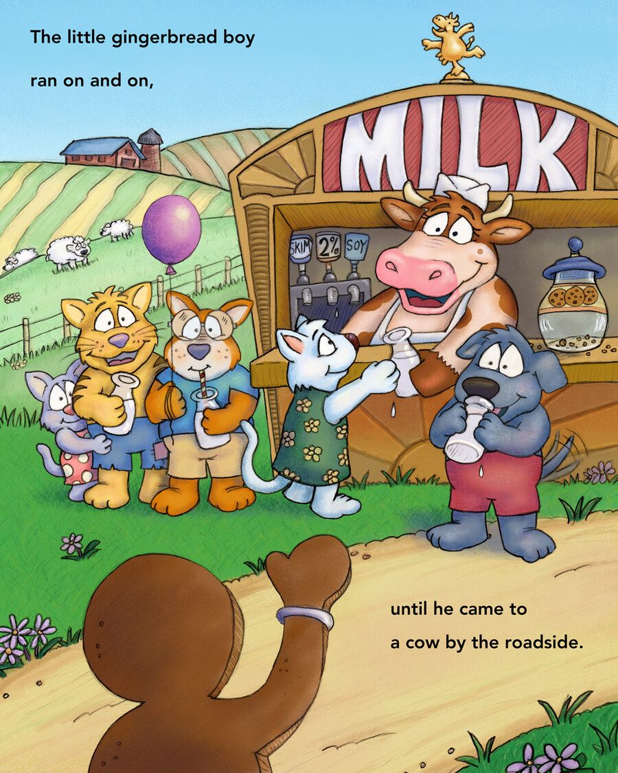 Children's book page illustration. A cow in an apron and chef's hat tends a wooden milk stand under a 'Milk' sign. A cat, dog, mouse, and other animals queue up with cups; sheep graze on a hill behind the stand; the silhouette of a running gingerbread boy fills the foreground.
