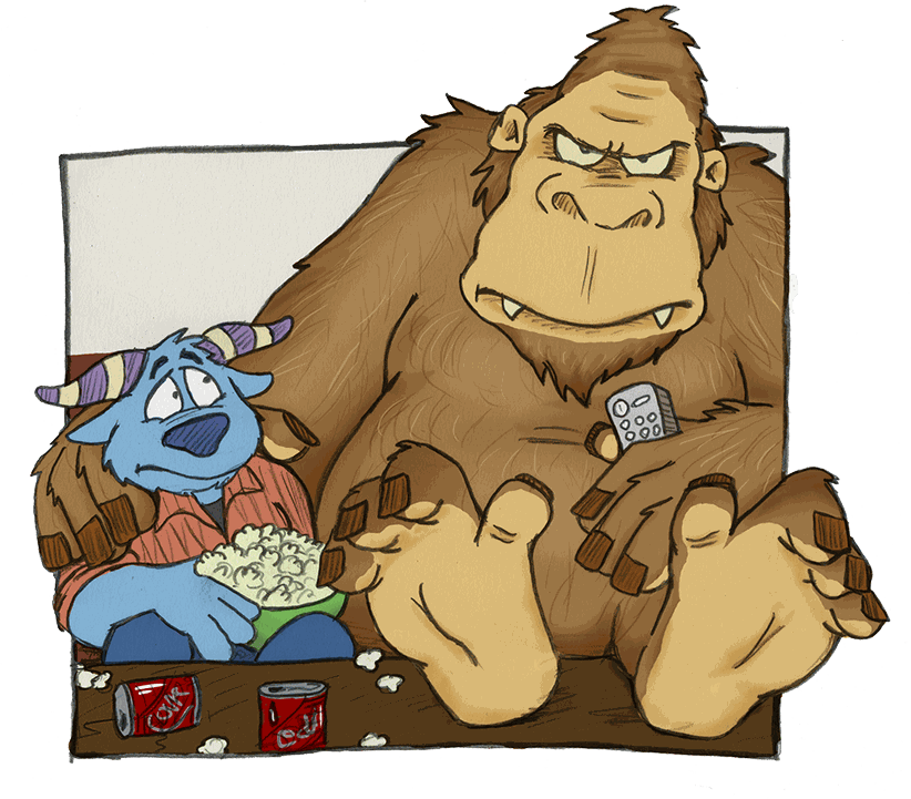 Illustration of a large brown sasquatch sitting on a couch eating popcorn, with a small blue monster beside him also eating popcorn from his own bowl. Soda cans on the floor.