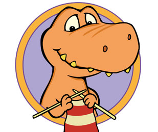 illustration of a knitting tyrannosaurus rex